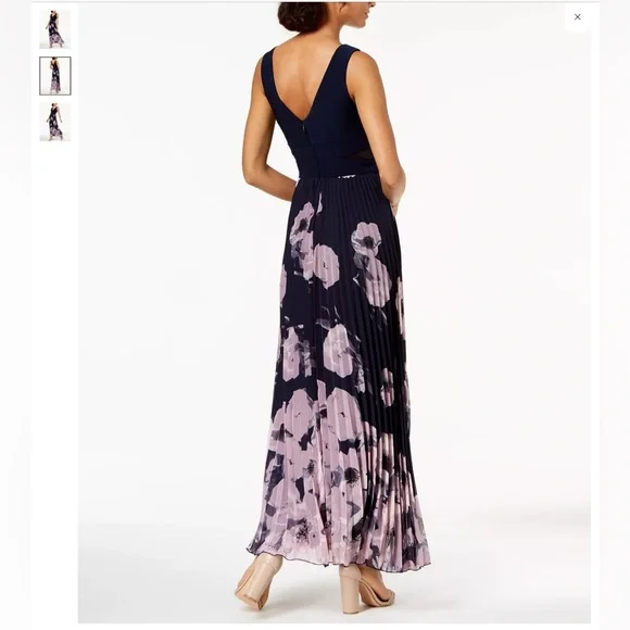 XSCAPE Illusion-Inset Floral Print Gown